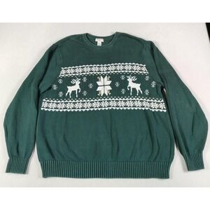 Dockers Sweater Mens XL Green Reindeer Fair Isle Christmas Crewneck Cotton Knit